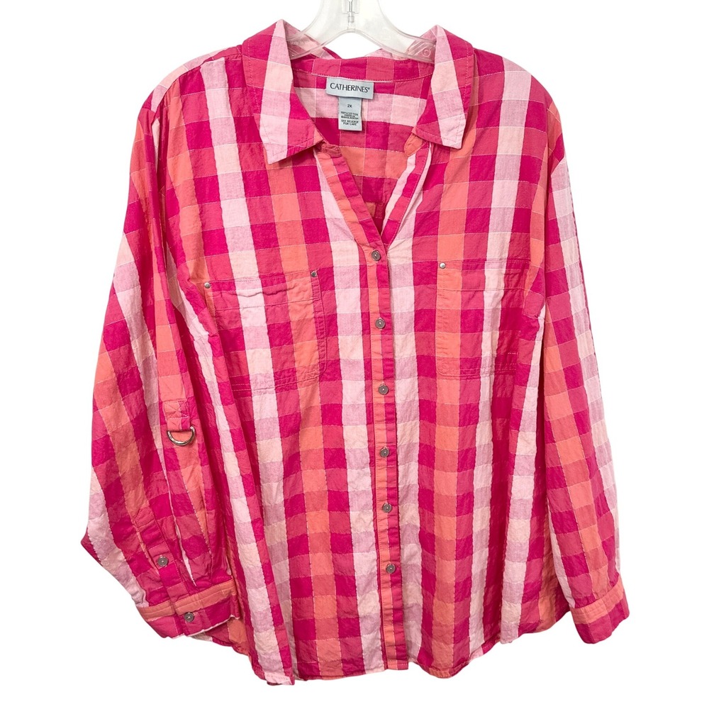Catherines Plus Size 2X Top Plaid Pink Orange Cotton Roll Tab Button Down 607